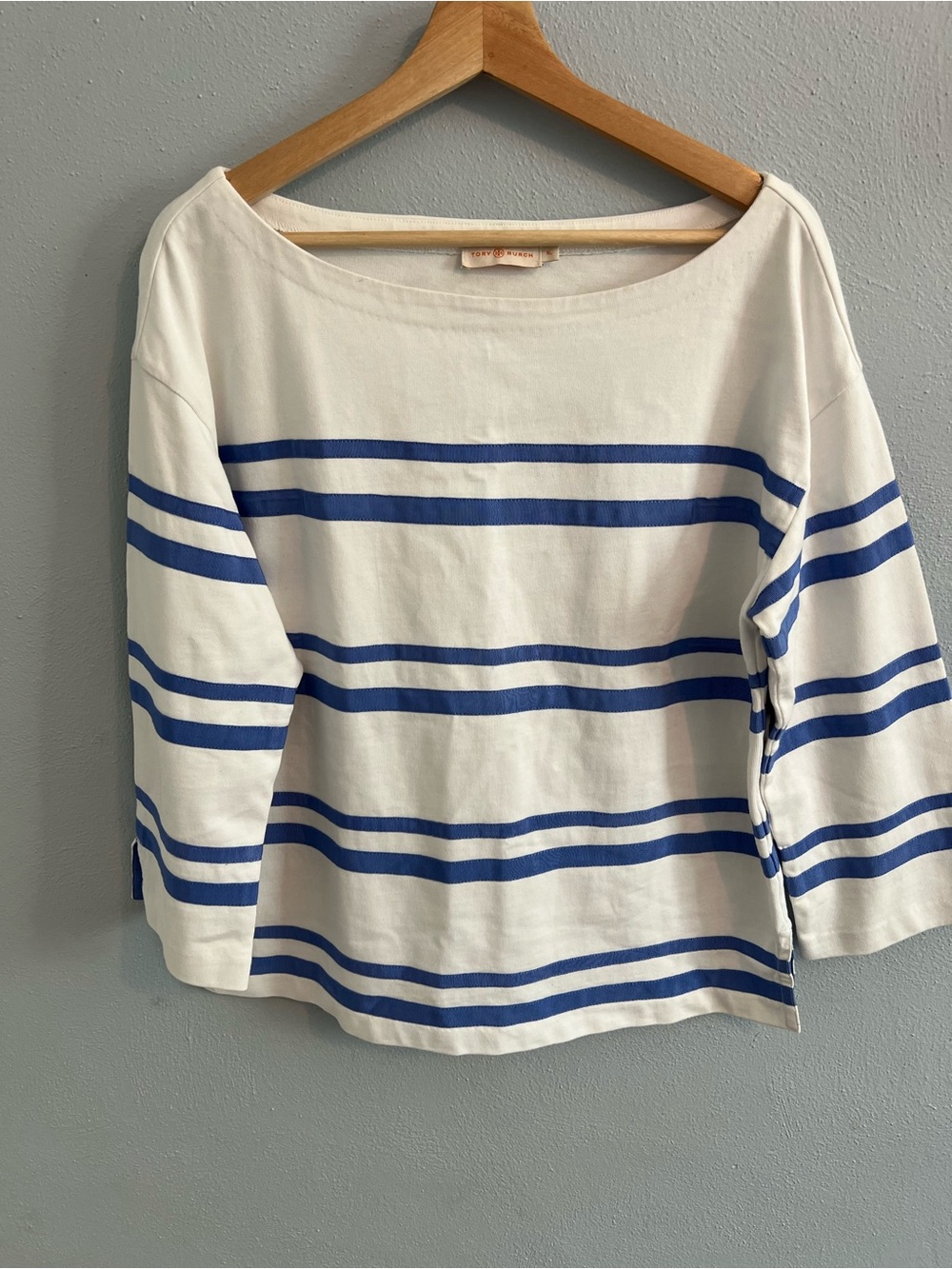 Tory Burch Kendall Blouse, White Boatneck Top with Blue Grosgrain Ribbon Stripe